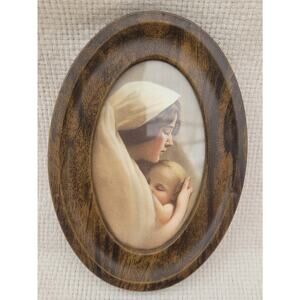 Vtg Madonna Christ Child Oval Print Tin Frame Faux Woodgrain Catholic Christian